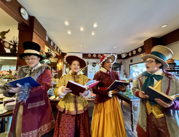 Pessoas fantasiadas de Natal cantando no natal no Casa da Montanha